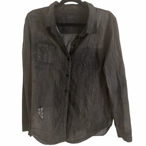 La La Anthony Distressed Black Denim Button Up